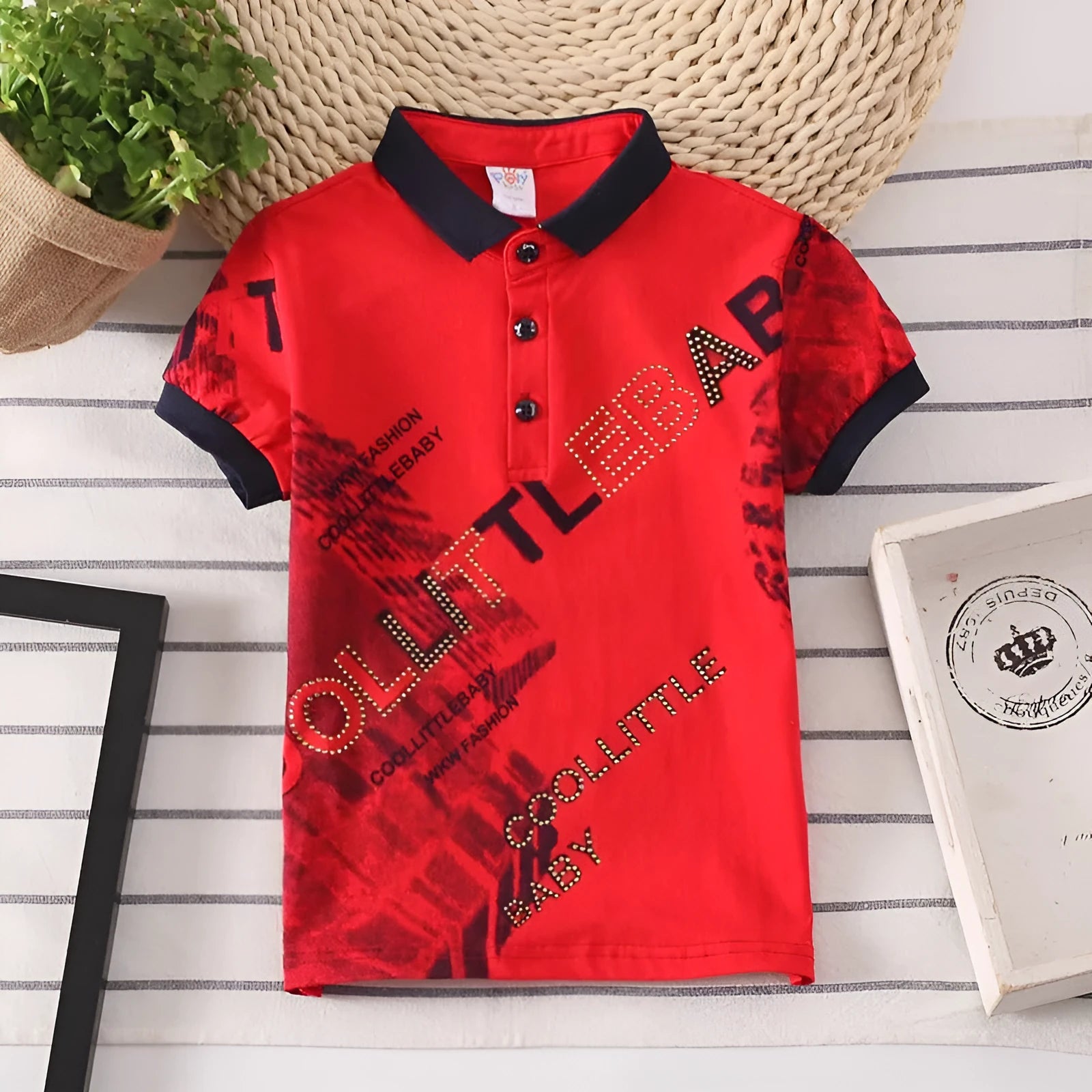 Kids short sleeve cotton shirt in grey, navy, red, or white with a lapel collar.