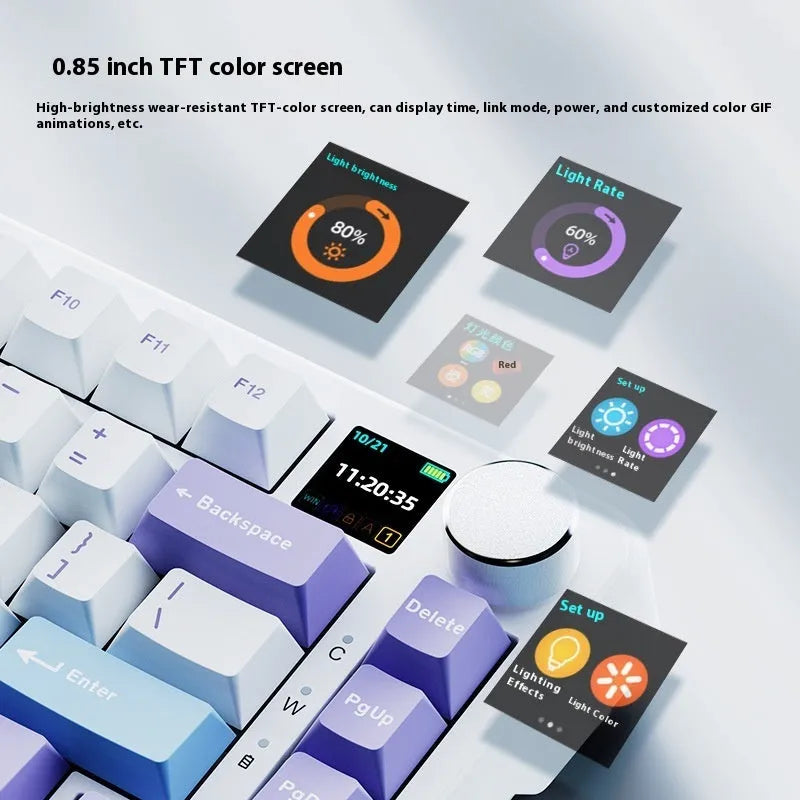 Three-mode mechanical keyboard with hot-swappable switches in black, grey and yellow colour combination