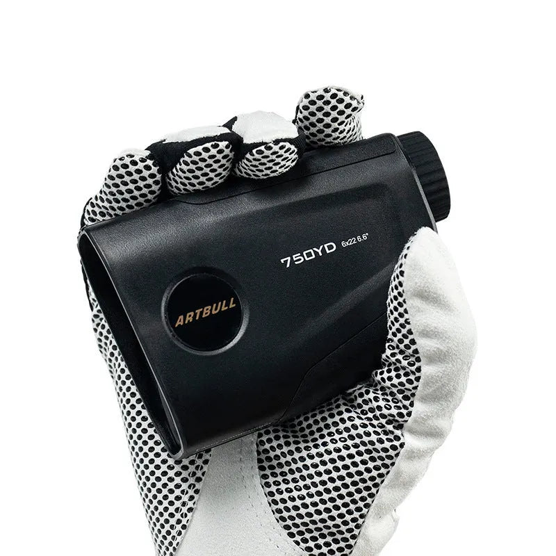 Rechargeable golf laser rangefinder with 6X magnification and LCD display showing 750 yard range capability