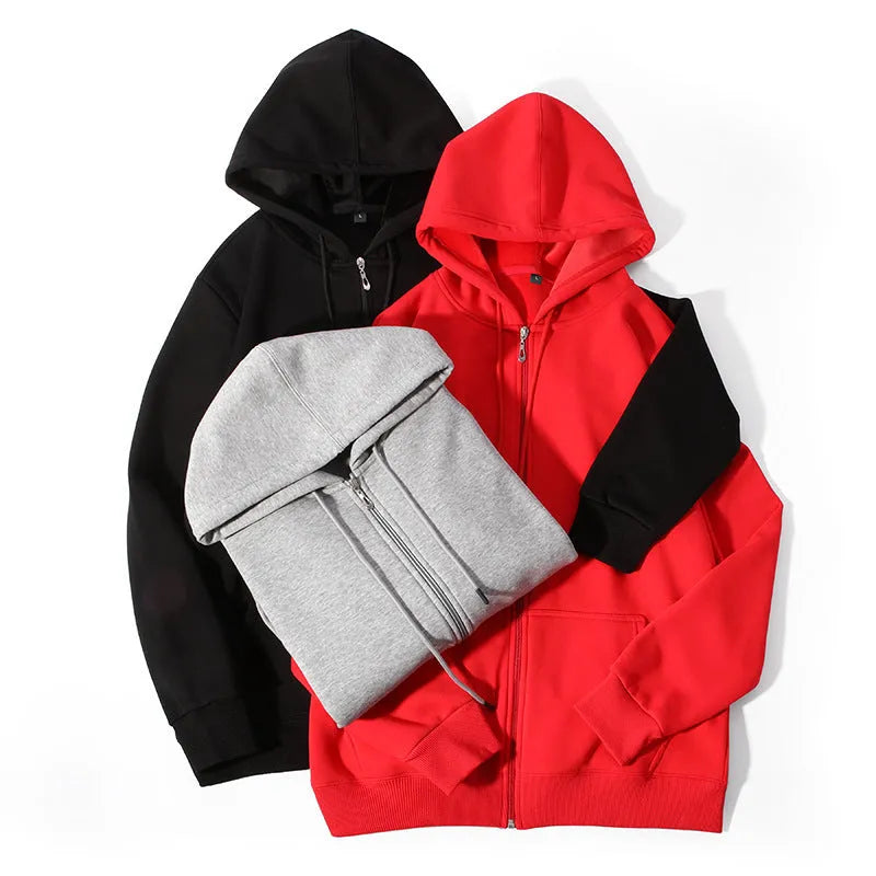 Plus size man wearing a beige zipper hooded cardigan sweater in a loose fit.