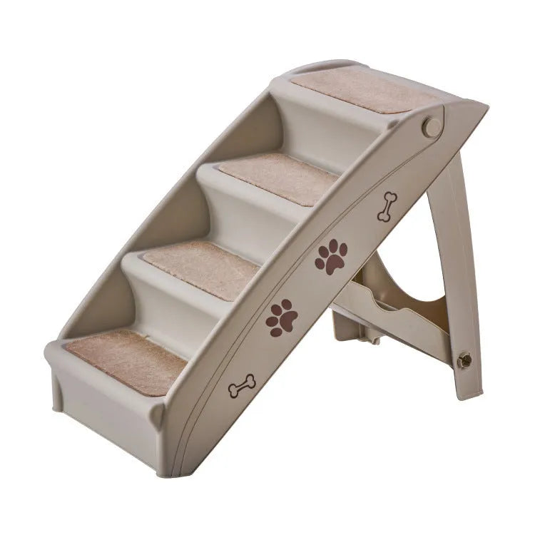 Foldable plastic pet ladder in beige colour with thickened steps and a non-slip mat for small dogs and cats.