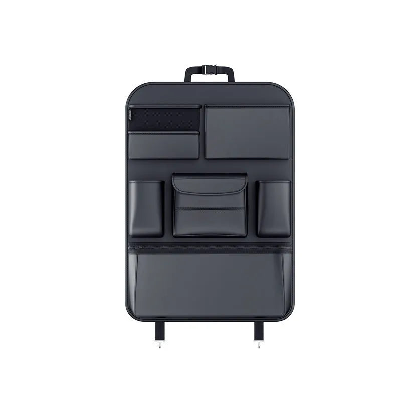Black leather car seat back hanging storage bag with a handle