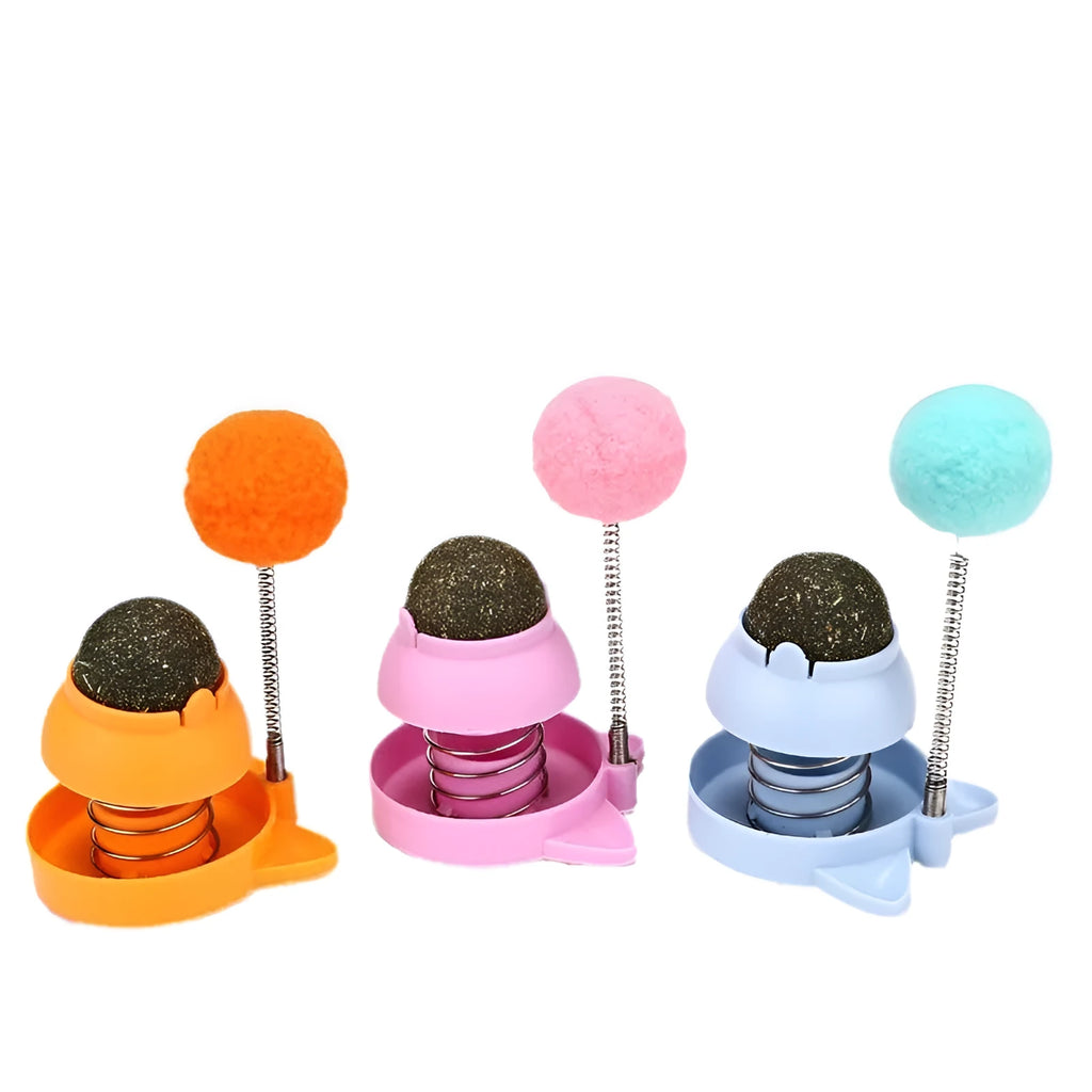 Lucky Cat mint ball grooming toy for cats in blue, orange or pink colours