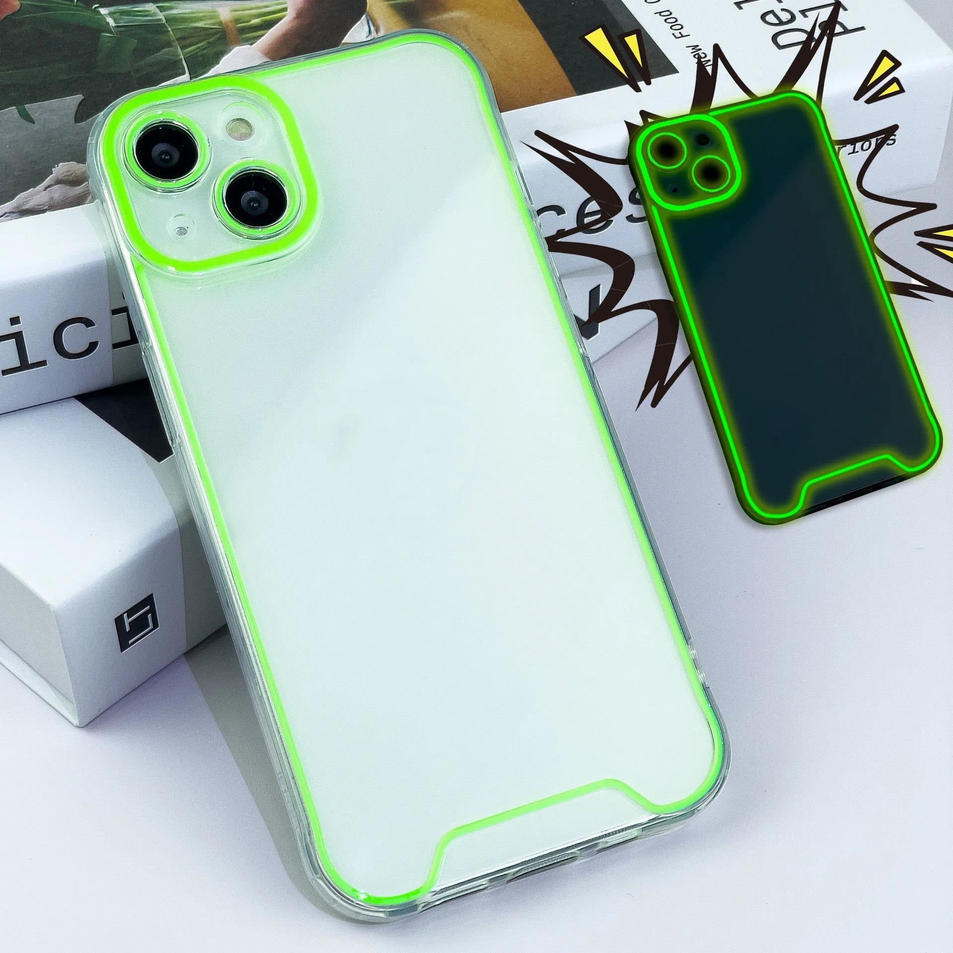 Glow in the dark Christmas phone case in green TPU for iPhone 14 Pro Max showing soft shell protection