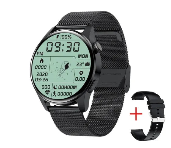 Smart watch with colour touch screen showing heart rate data, with a black silicone sports strap on a wrist.