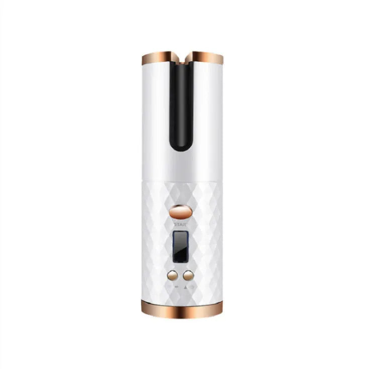 White portable mini curling iron with USB charging cable and gold ceramic barrel.