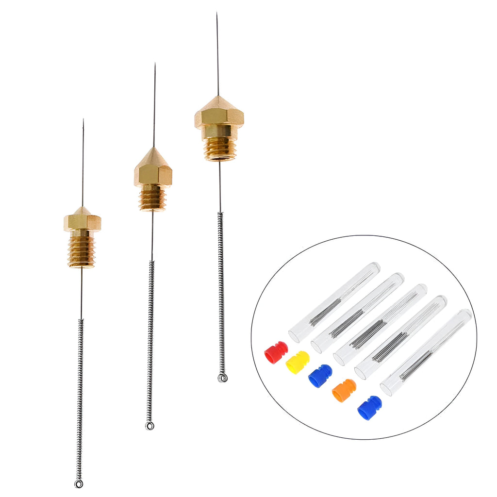 Mk8 E3D 3D printer nozzle cleaning needles pack of 10 in five micron sizes
