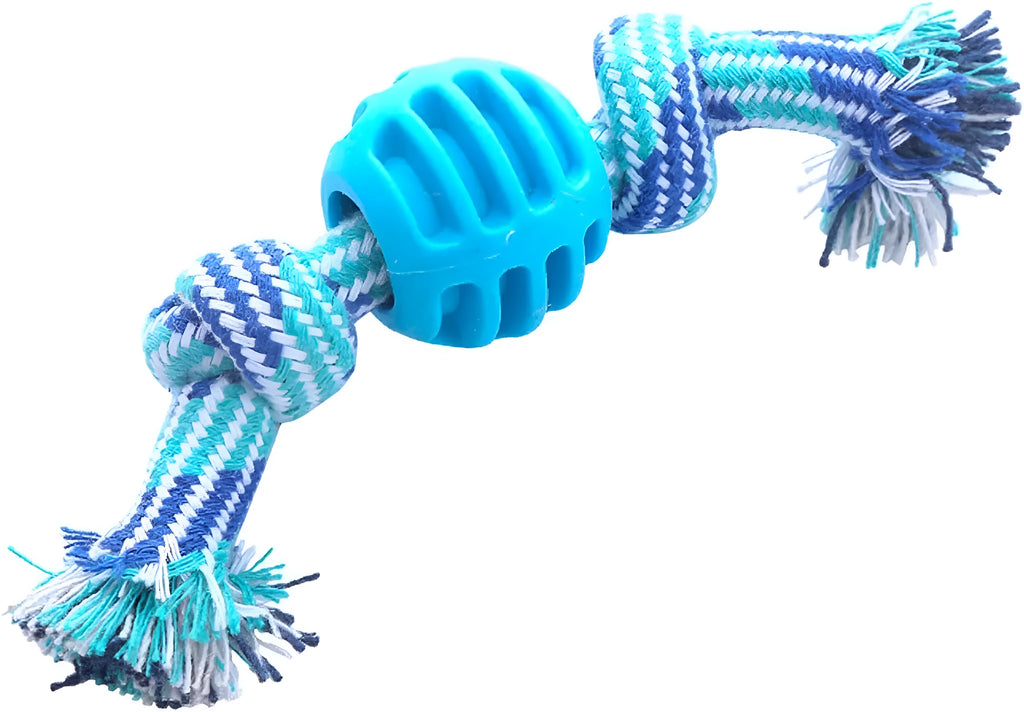 Blue dog chew toy with rope and molar cleaning design for dental hygiene