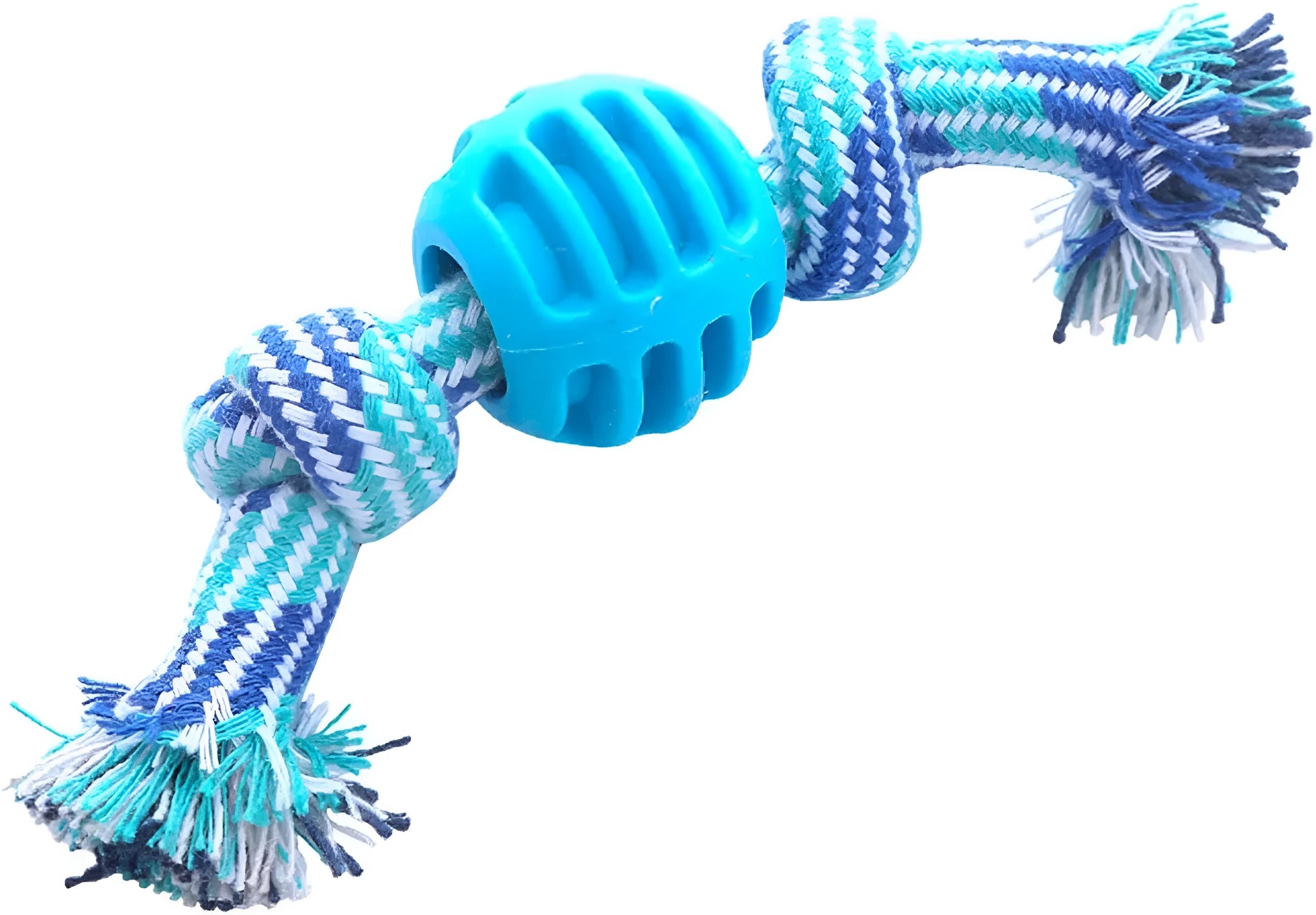 Blue dog chew toy with rope and molar cleaning design for dental hygiene