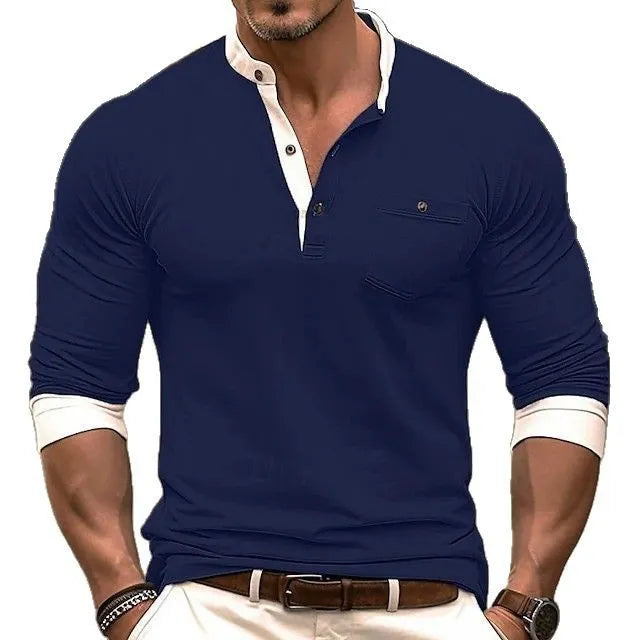 Men's solid colour cotton long sleeve t-shirt on a hanger, showing round neck and slim fit.