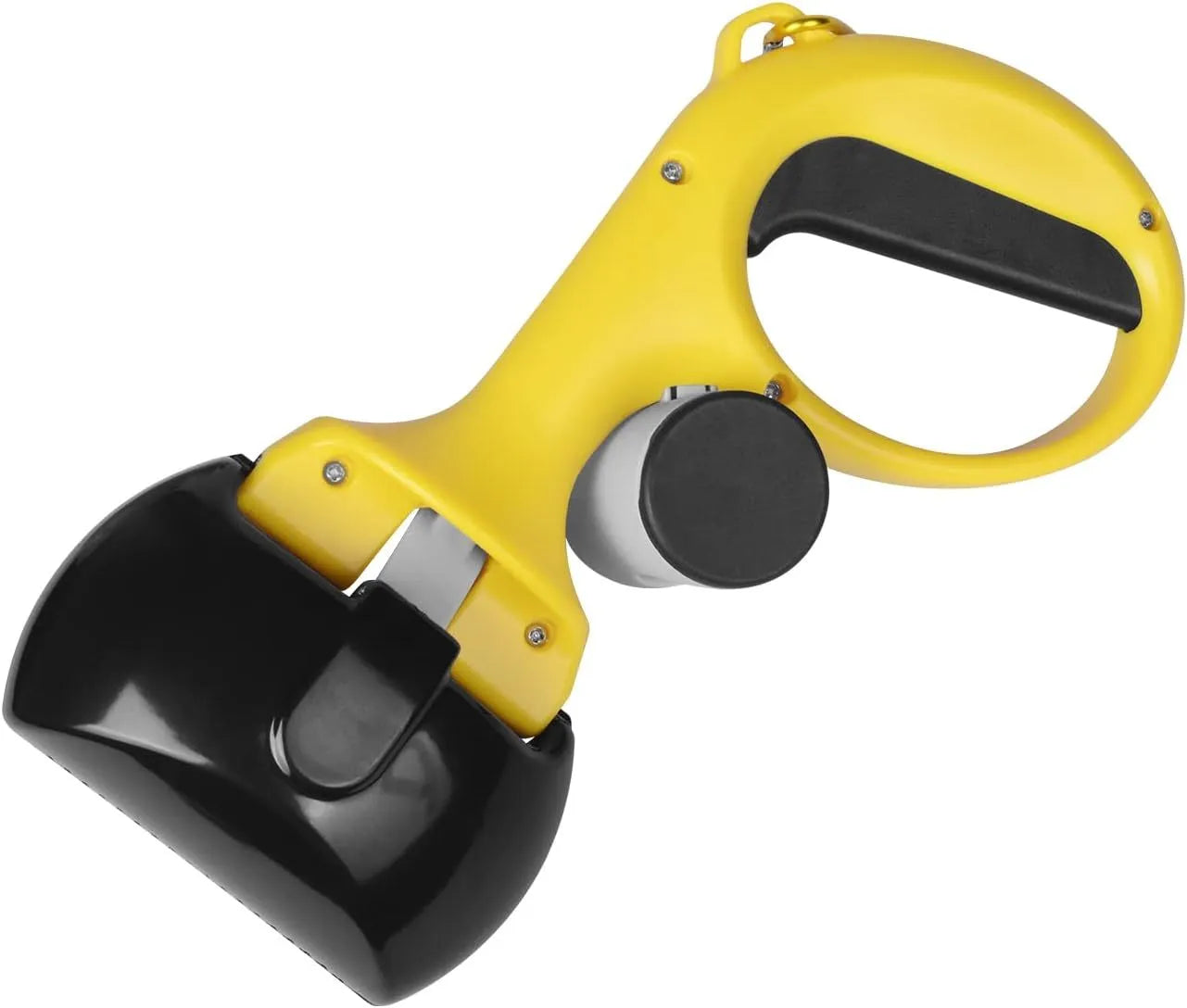 Black ABS plastic pet pooper scooper with integrated trash bag holder and top hook