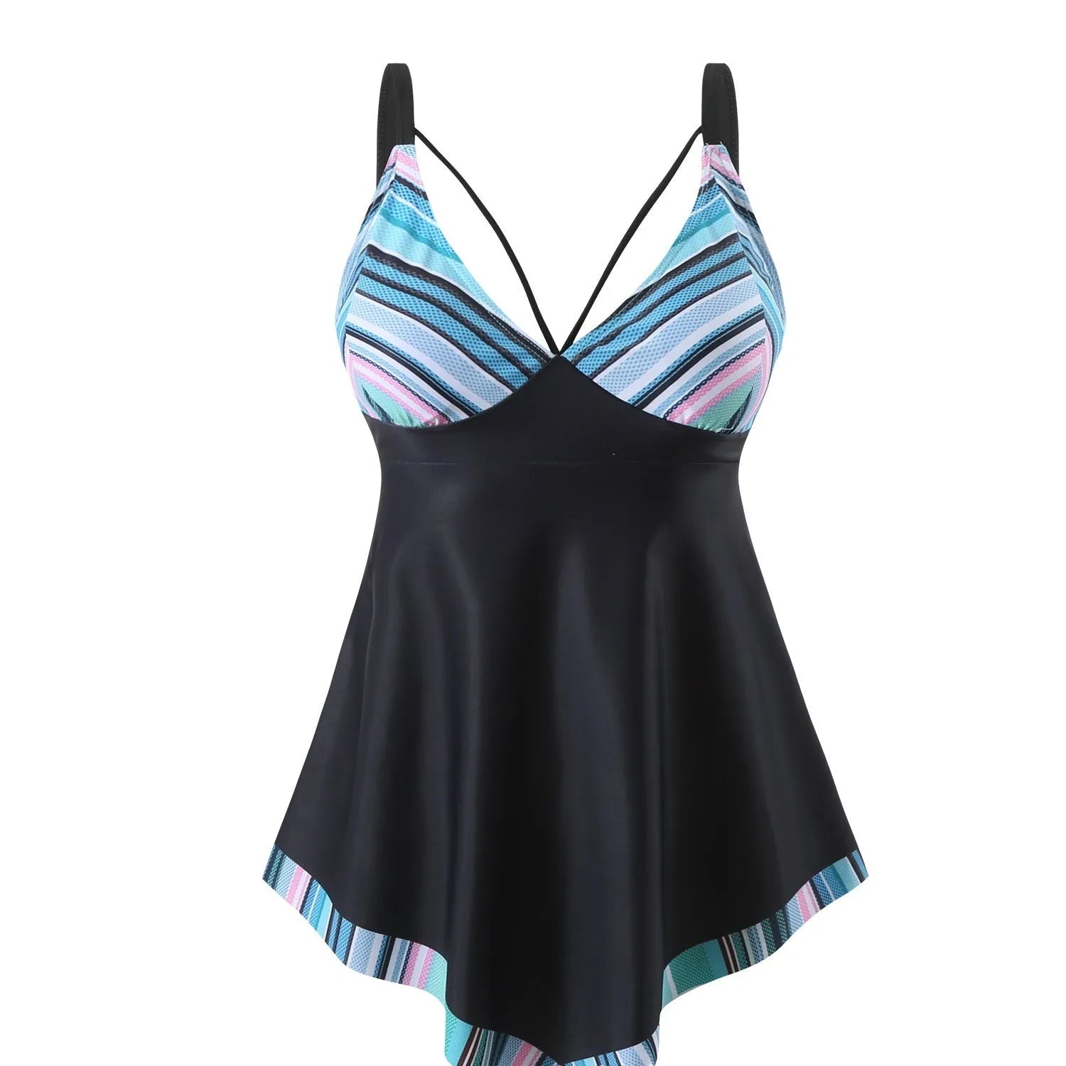 Plus size green two-piece bikini swimsuit with backless design on a mannequin.