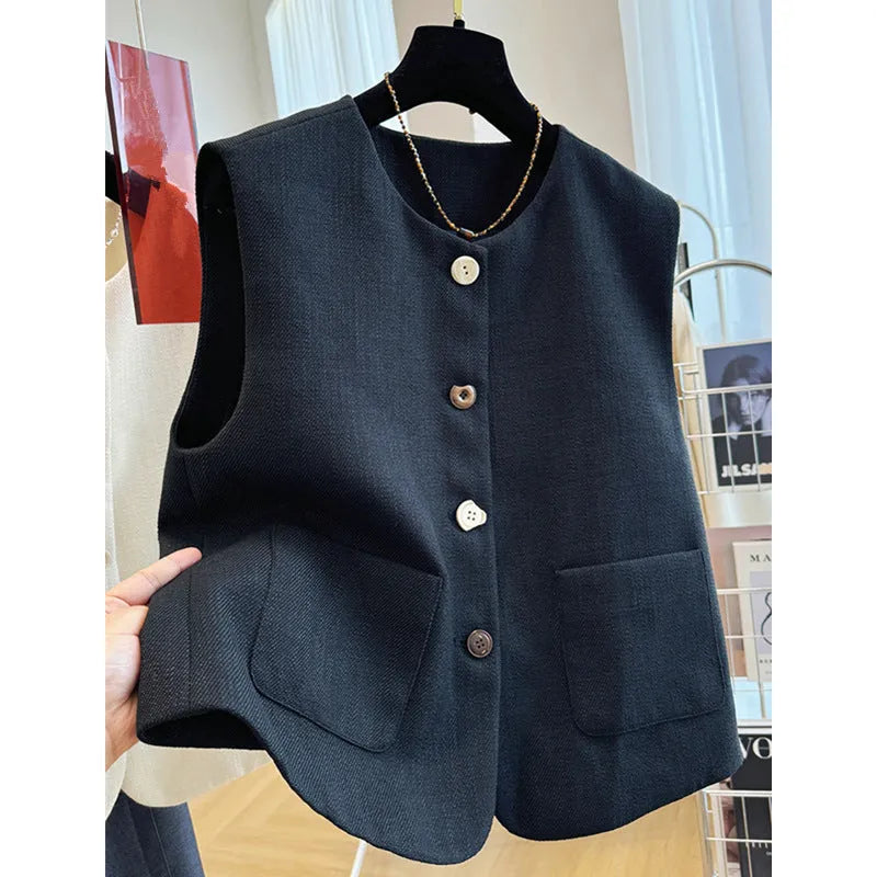 Women's French style round neck bandage vest in polyester fabric, sleeveless design