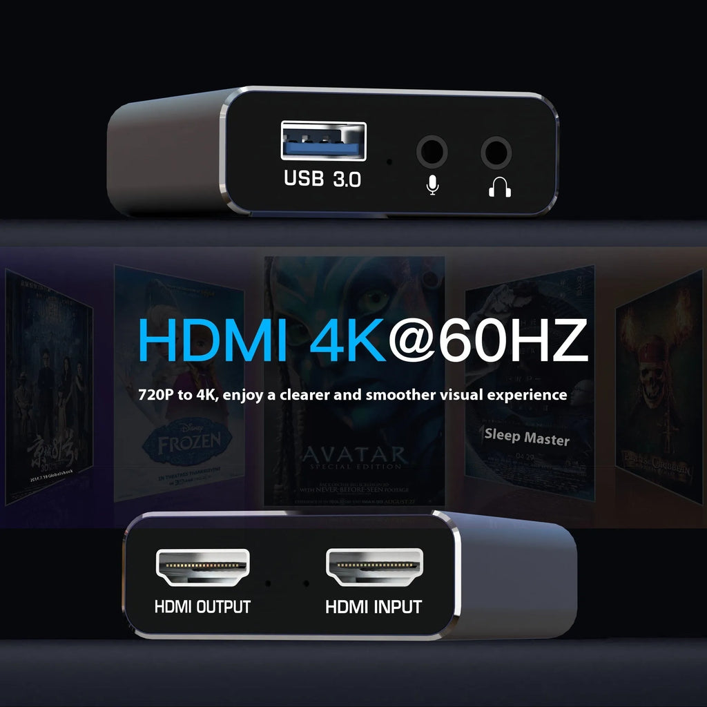 Black 4K gaming set-top box with MS2131 chip for audio recording and universal OS compatibility.