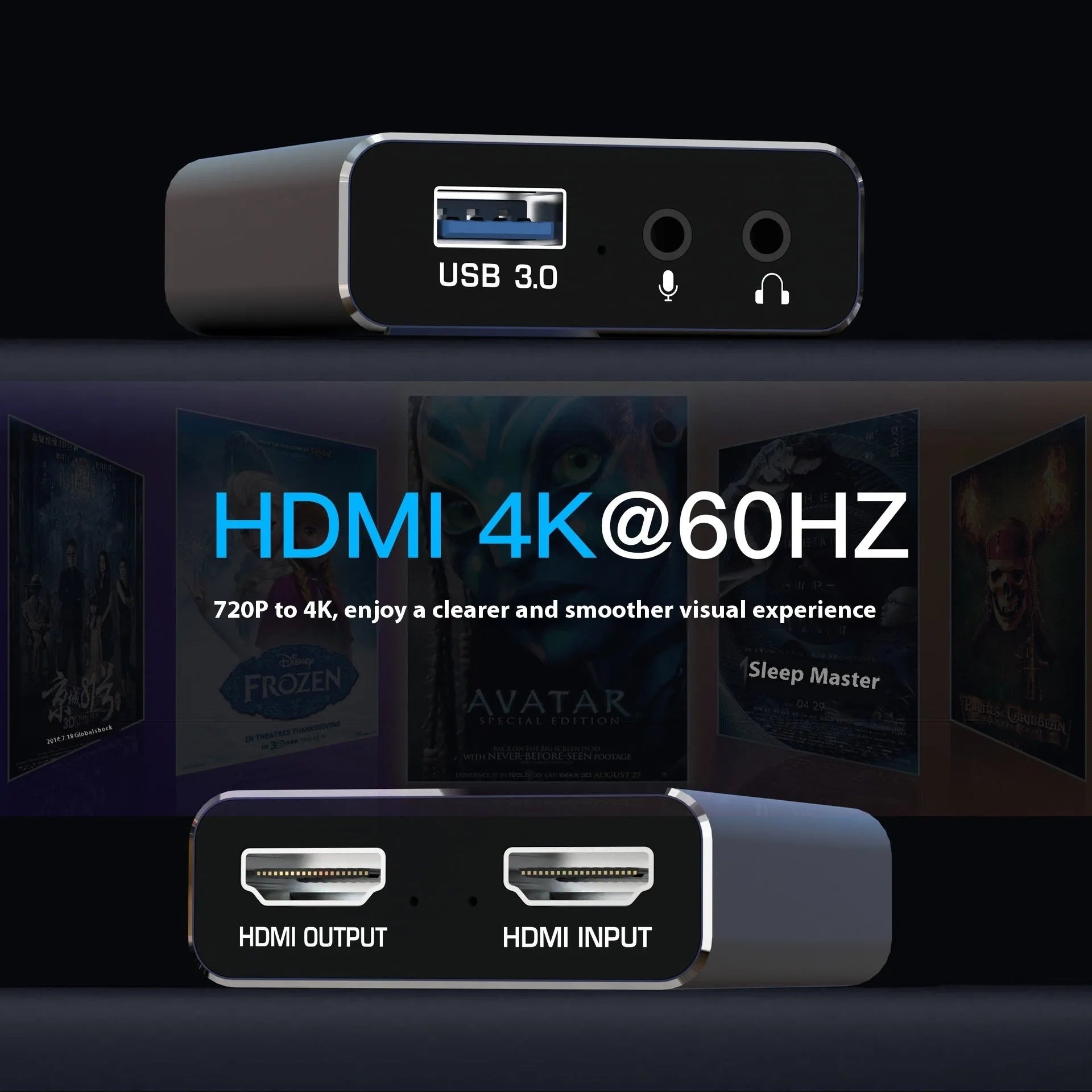 Black 4K gaming set-top box with MS2131 chip for audio recording and universal OS compatibility.