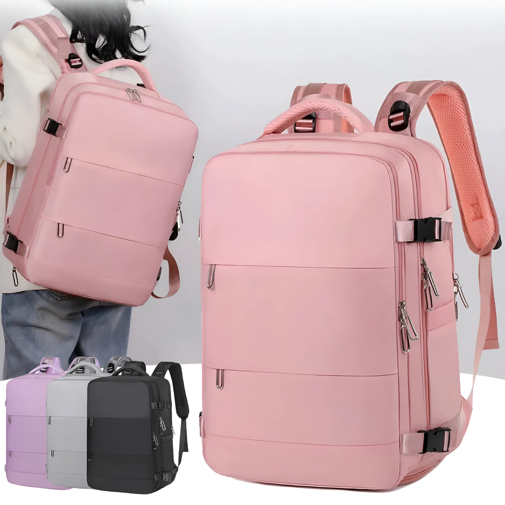 Large purple Oxford cloth travel backpack with multiple compartments and an air pillow belt on the straps.