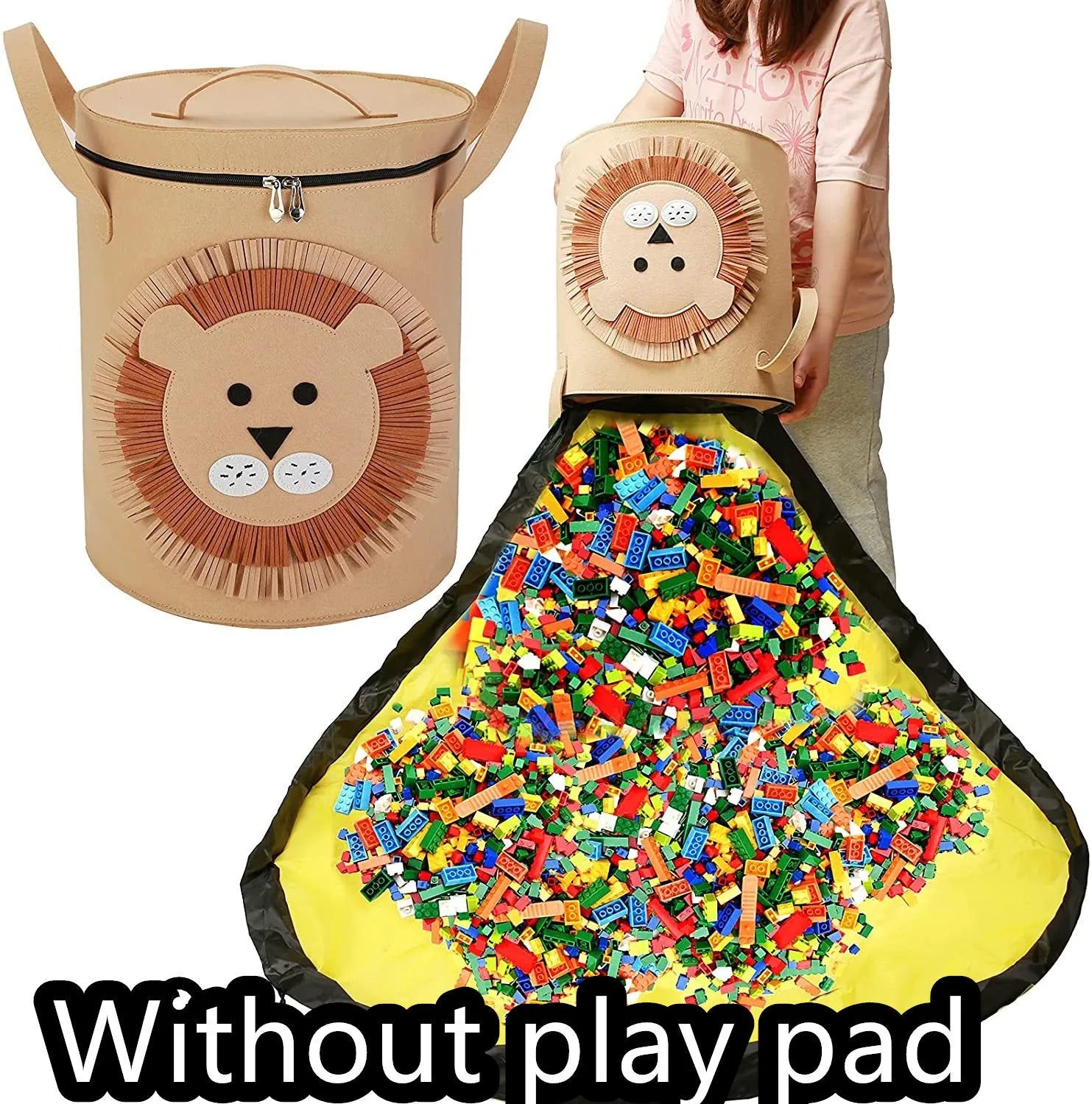 Green felt cube storage bag with pull rope, shown as a toy organiser and play mat.