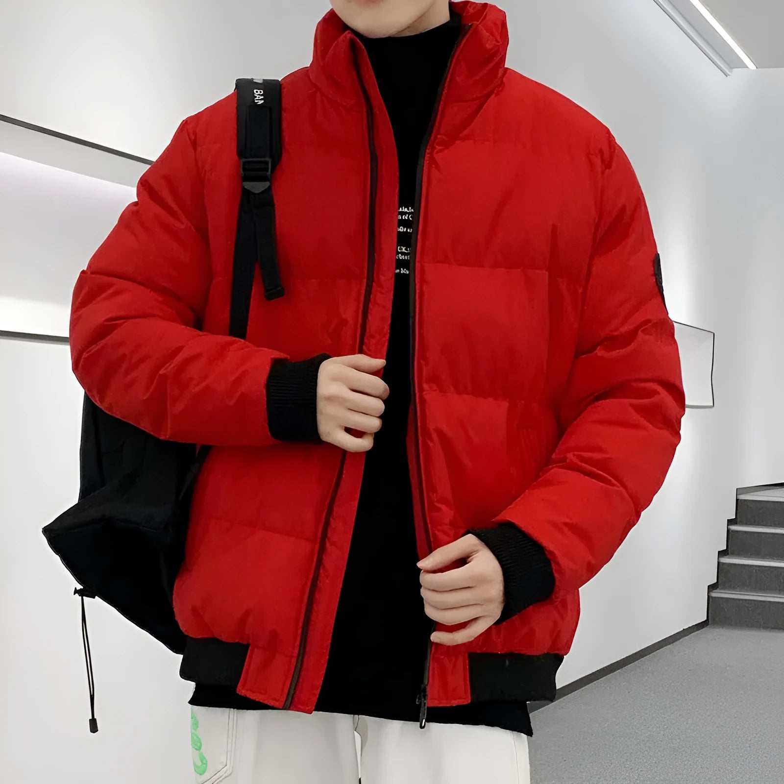 Thick warm cotton padded cardigan style jacket for men in khaki colour loose fit polyester
