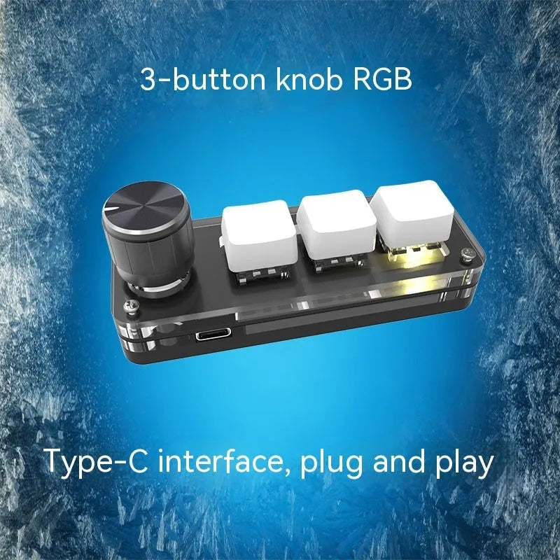 Black and white programmable macro keyboard with RGB backlighting showing copy paste shortcut keys