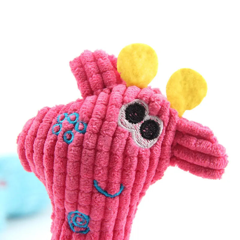 Blue deer shaped plush dog toy with corn grain texture pattern and squeaker