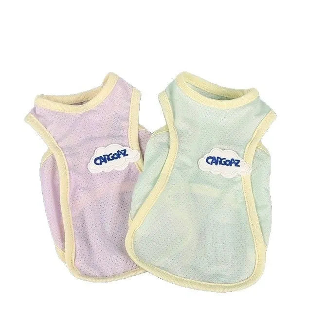 Thin polyester pet vest in grass green or taro purple for cats, sports style summer clothing with anti-lint features.