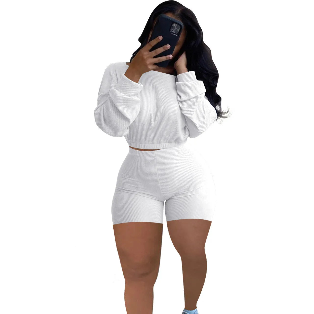 Women's sunken stripe off-the-shoulder long sleeve top with solid colour shorts in a selection of colours