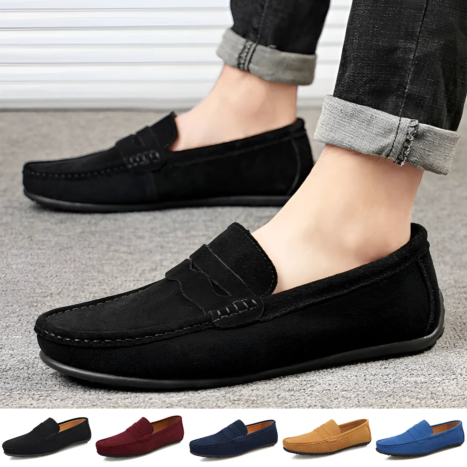 Men's solid colour suede leather slip-on loafers with a flat rubber sole.