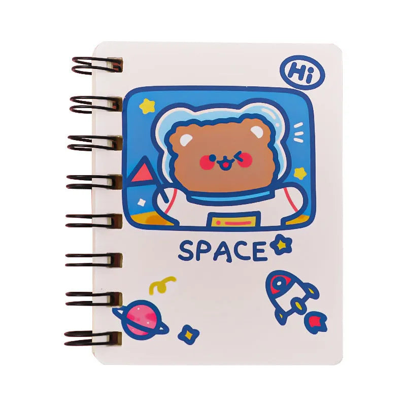 Astronaut themed flip-over pocket notebook showing 10.5cm by 8cm compact size