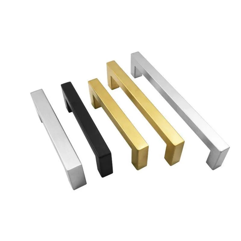 Stainless steel square pipe cabinet door handle in brushed silver, matte black, and brushed gold colours