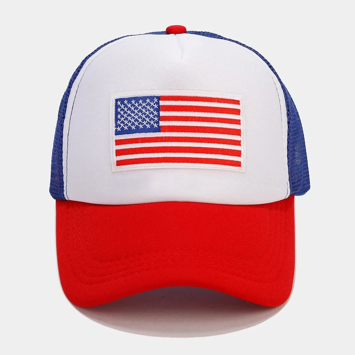 Red and blue contrast colour baseball cap with mesh fabric and adjustable strap
