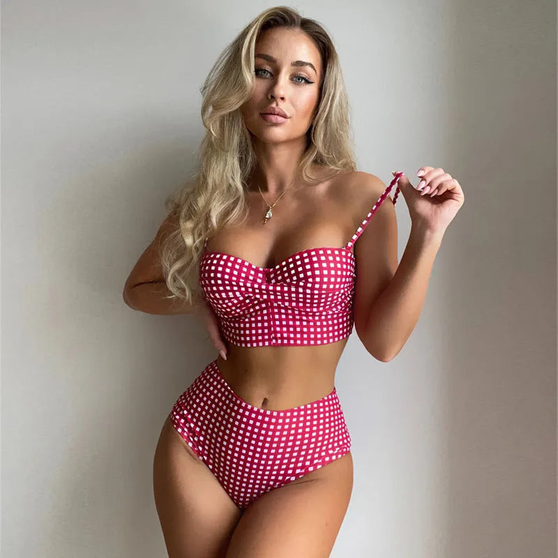 Women's plaid print bikini swimsuit with high-waisted briefs in blue colour