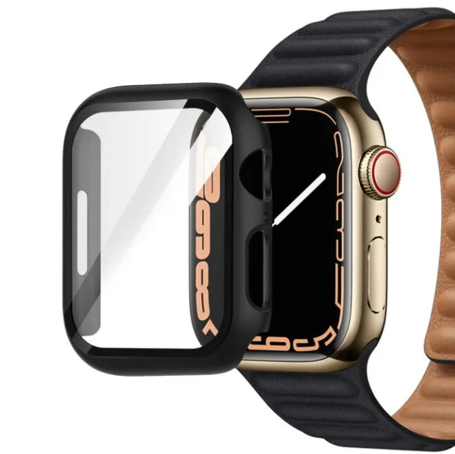 PC tempered film replacement case for Apple Watch in various colours and sizes on display.