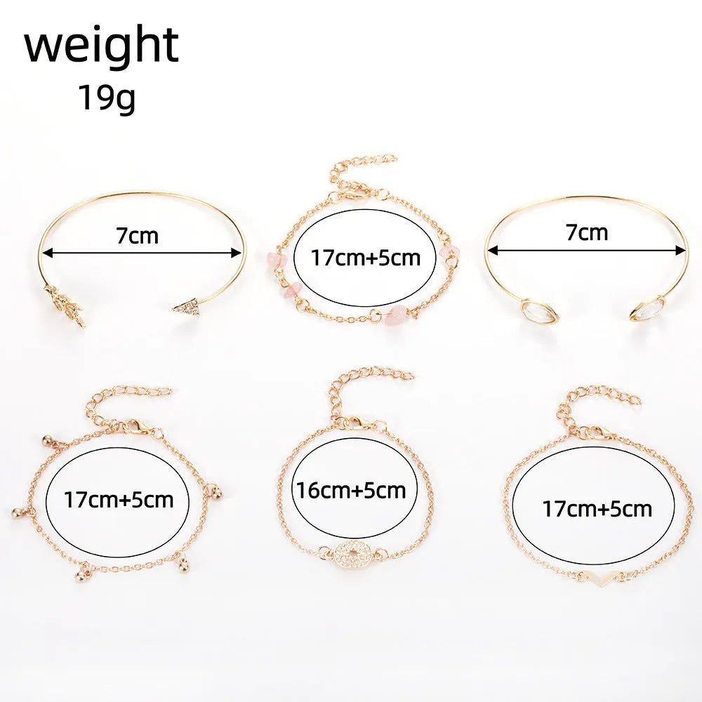 Women's six-piece bracelet set with golden spot drill, arrow and water drop charms