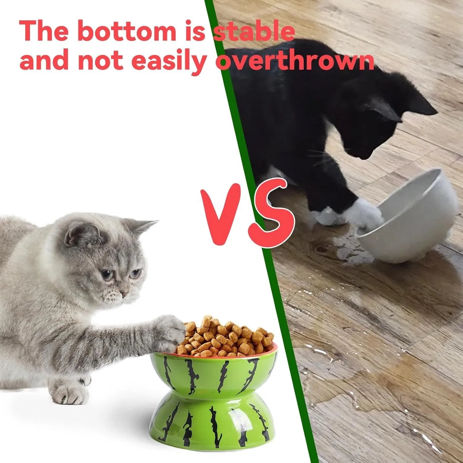 Ceramic raised cat bowl with tilted surface and anti-slip base in orange, pitaya, or watermelon pattern