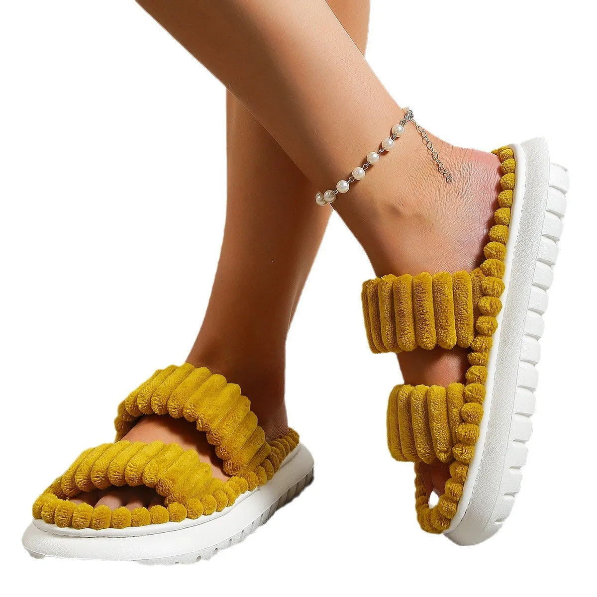 Soft lamb wool women's cotton slippers in black with plush upper and EVA sole