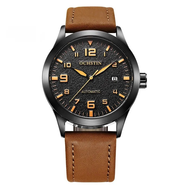 Men's automatic mechanical watch with leather strap and 12mm stainless steel case