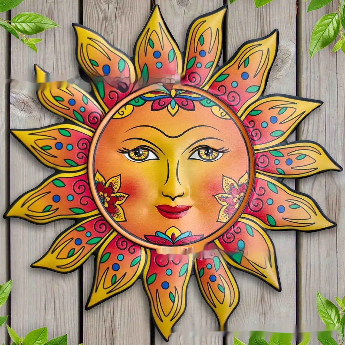 Iron sun face decorative wall hanging with detailed metal patterning in garden theme