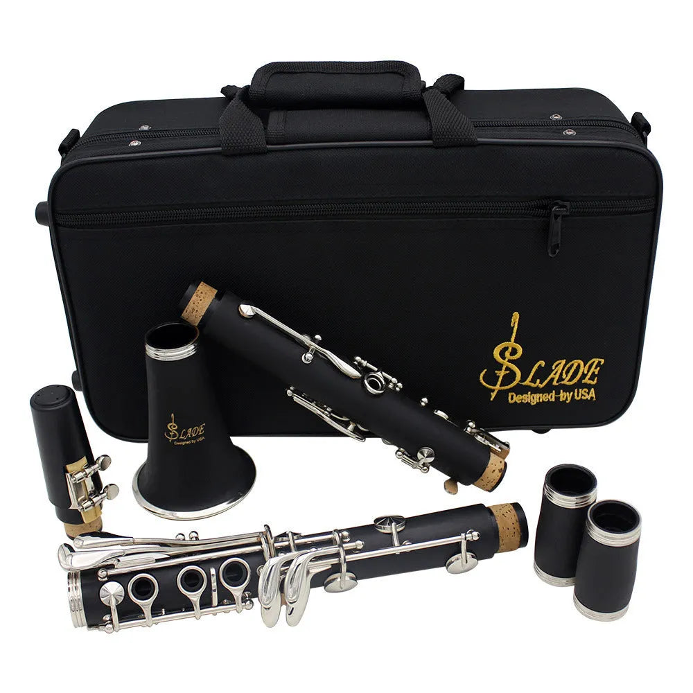 Black Bakelite clarinet with 17 nickel-plated keys shown with its included carrying bag.
