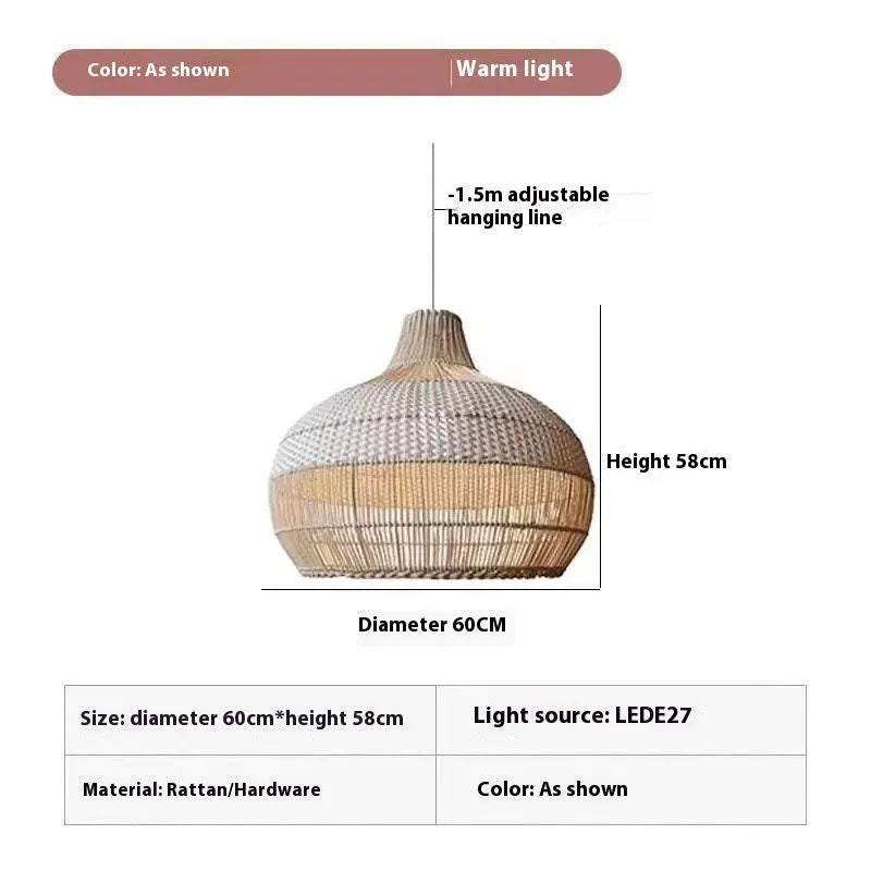 Close-up of a 60cm wide natural rattan wicker chandelier with a silent wind design.