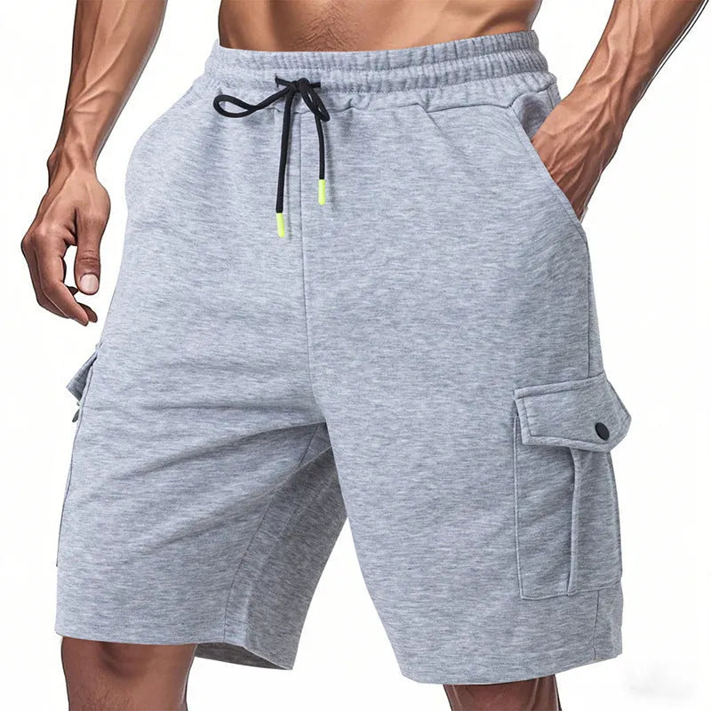 Man's loose fit multi-pocket cargo shorts in light grey heavy ring fabric.