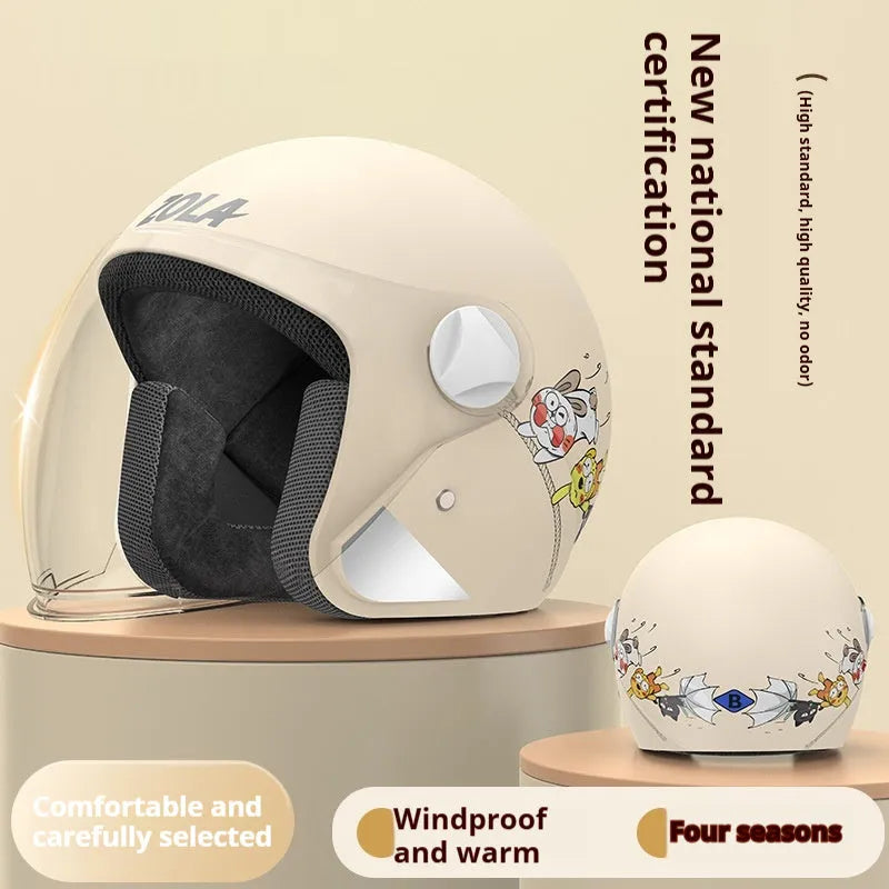 Winter electric bike helmet with anti-fog visor shown in blue colour with attached ear covers.