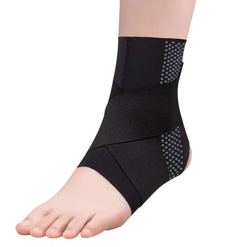 Black Lycra ankle support brace shown wrapped around an adult ankle.