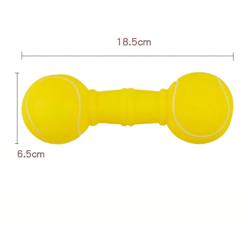 PVC football dumbbell shaped dog toy with squeaker in brown, orange, white and yellow colours