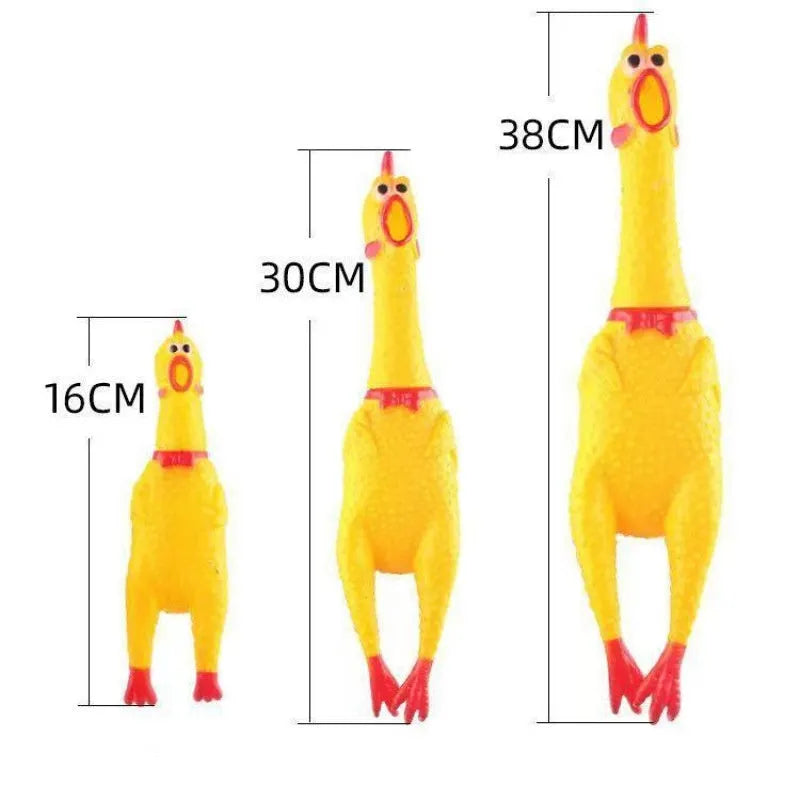 Yellow rubber screaming chicken dog squeak toy shown in three sizes: small, medium, and large.