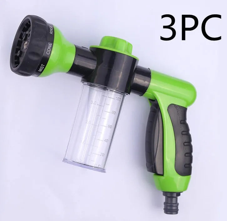 Green high pressure foam spray gun with adjustable nozzle for car washing and household cleaning.