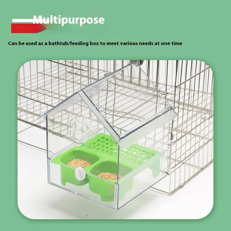 Transparent plastic roof feeder for birds with green and white colour options on outdoor surface