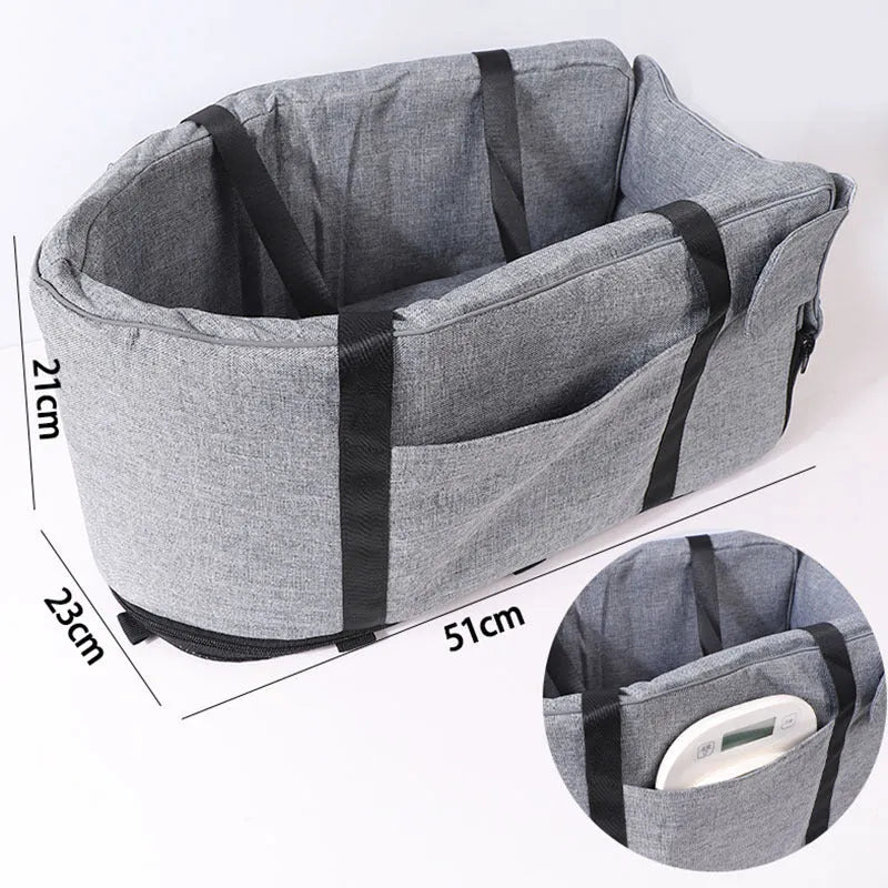 Outdoor cloth dog kennel shown in grey mesh, suitable for car and garden use across all four seasons.