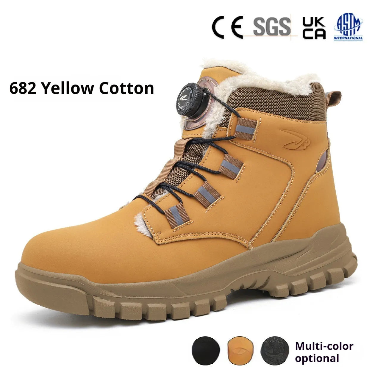 Leather safety work boots with rubber soles in black, yellow, and grey colour options.