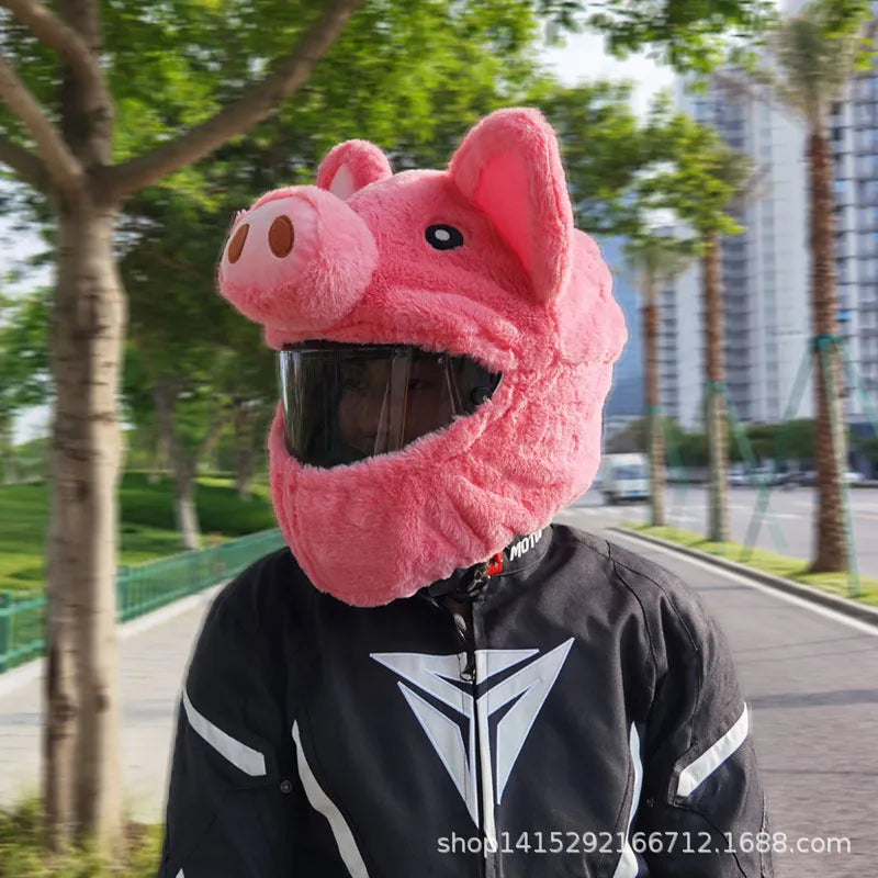 Pink pig cartoon plush helmet liner made of PV velvet cloth for motorcycle use