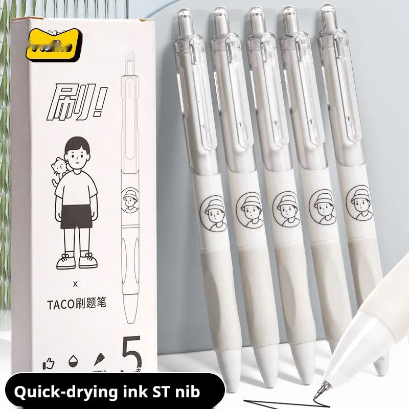 Set of five white barrel ballpoint pens with 0.5mm tips and black ink, shown with a black plastic storage case.